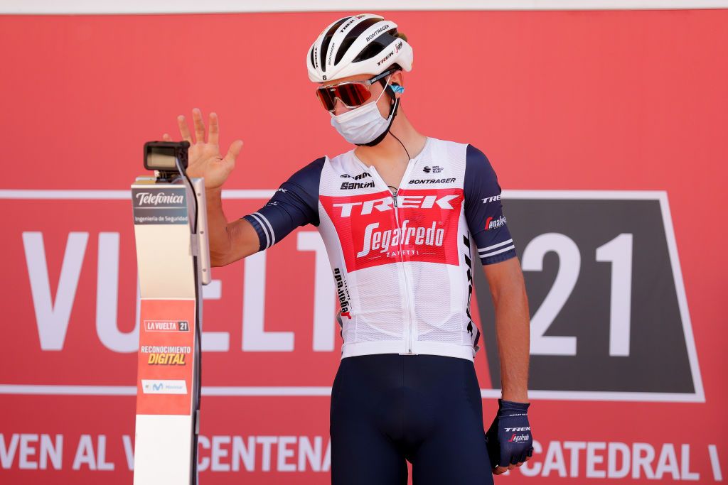 MOLINA DE ARAGON SPAIN AUGUST 17 Giulio Ciccone of Italy and Team Trek Segafredo prepares for the race prior to the 76th Tour of Spain 2021 Stage 4 a 1639km stage from El Burgo de Osma to Molina de Aragn 1134m lavuelta LaVuelta21 on August 17 2021 in Molina de Aragn Spain Photo by Gonzalo Arroyo MorenoGetty Images