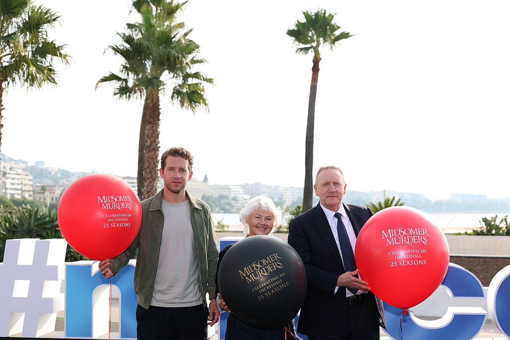 CANNES, FRANCE - OCTOBER 14: (L-R) Nick Hendrix, Annette Badland and Neil Dudgeon attend the 'Midsomer Murders' Photocall during the Mipcom Cannes on October 14, 2025 in Cannes, France.