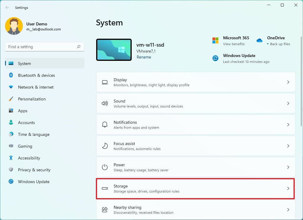 Open Storage settings