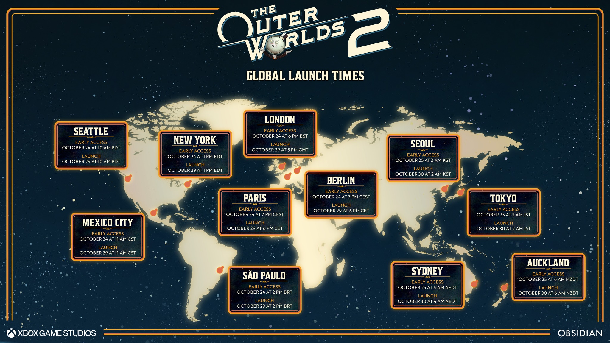 A map of global launch times for The Outer Worlds 2 divided into timezones around the world.