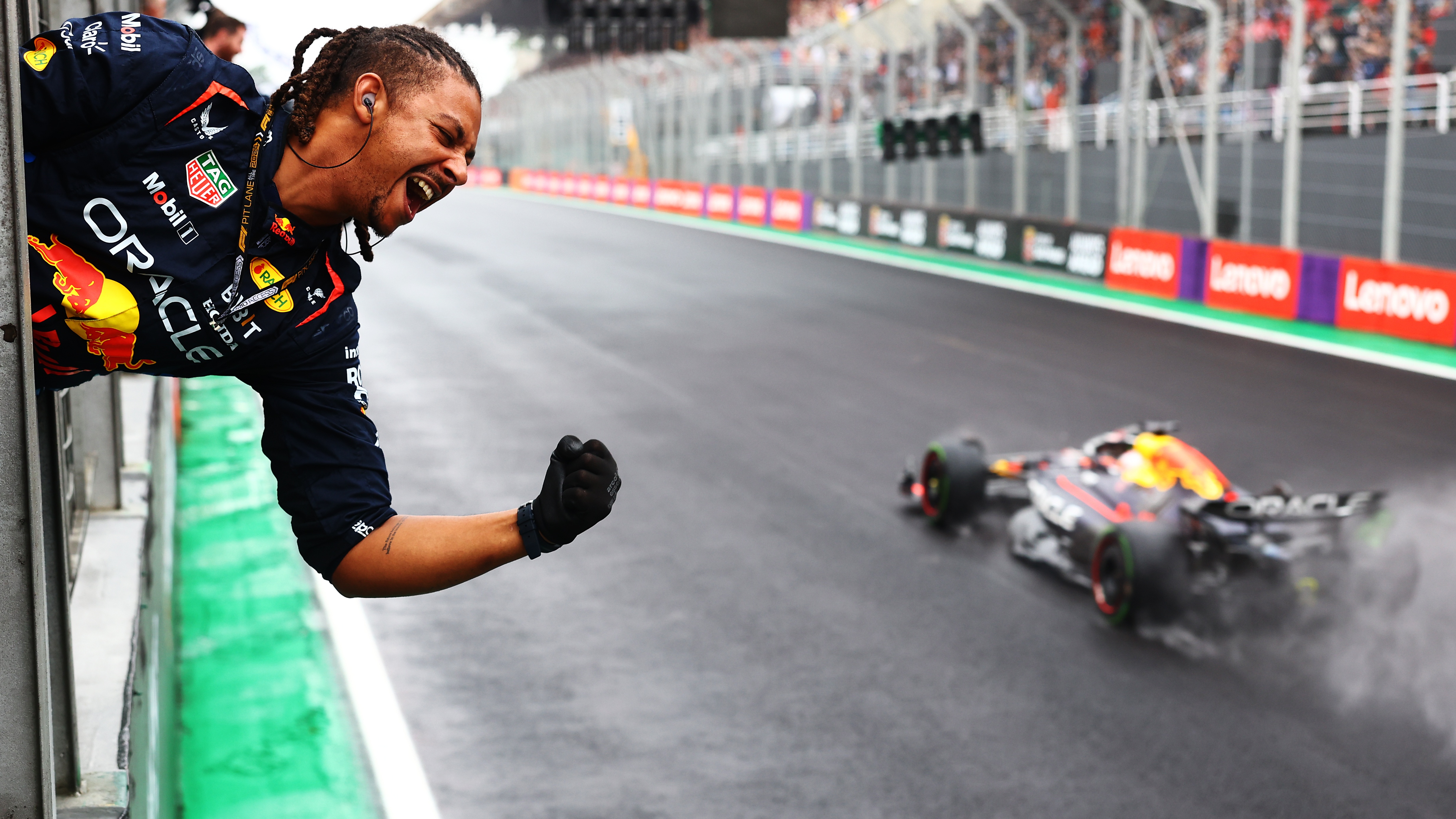 An Oracle Red Bull Racing mechanic celebrates as Max Verstappen of the Netherlands and Oracle Red Bull Racing wins during the F1 Grand Prix of Brazil at Autodromo Jose Carlos Pace on November 03, 2024 in Sao Paulo, Brazil. 