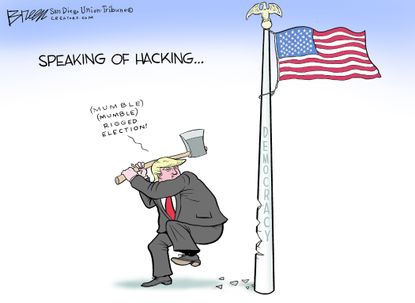 Political Cartoon U.S. Trump democracy attack hacking