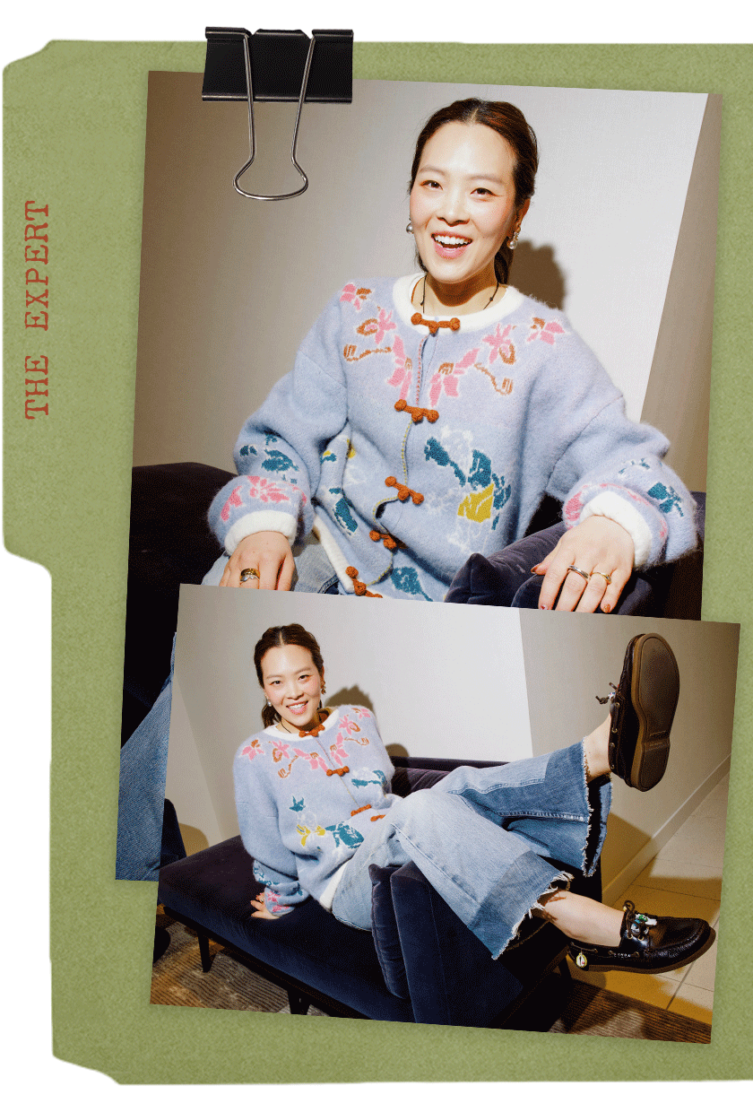 a collage of headshot images depicting Linda Cui Zhang, Nordstrom's associate fashion director, wearing a colorful blue cardigan with jeans and black loafers