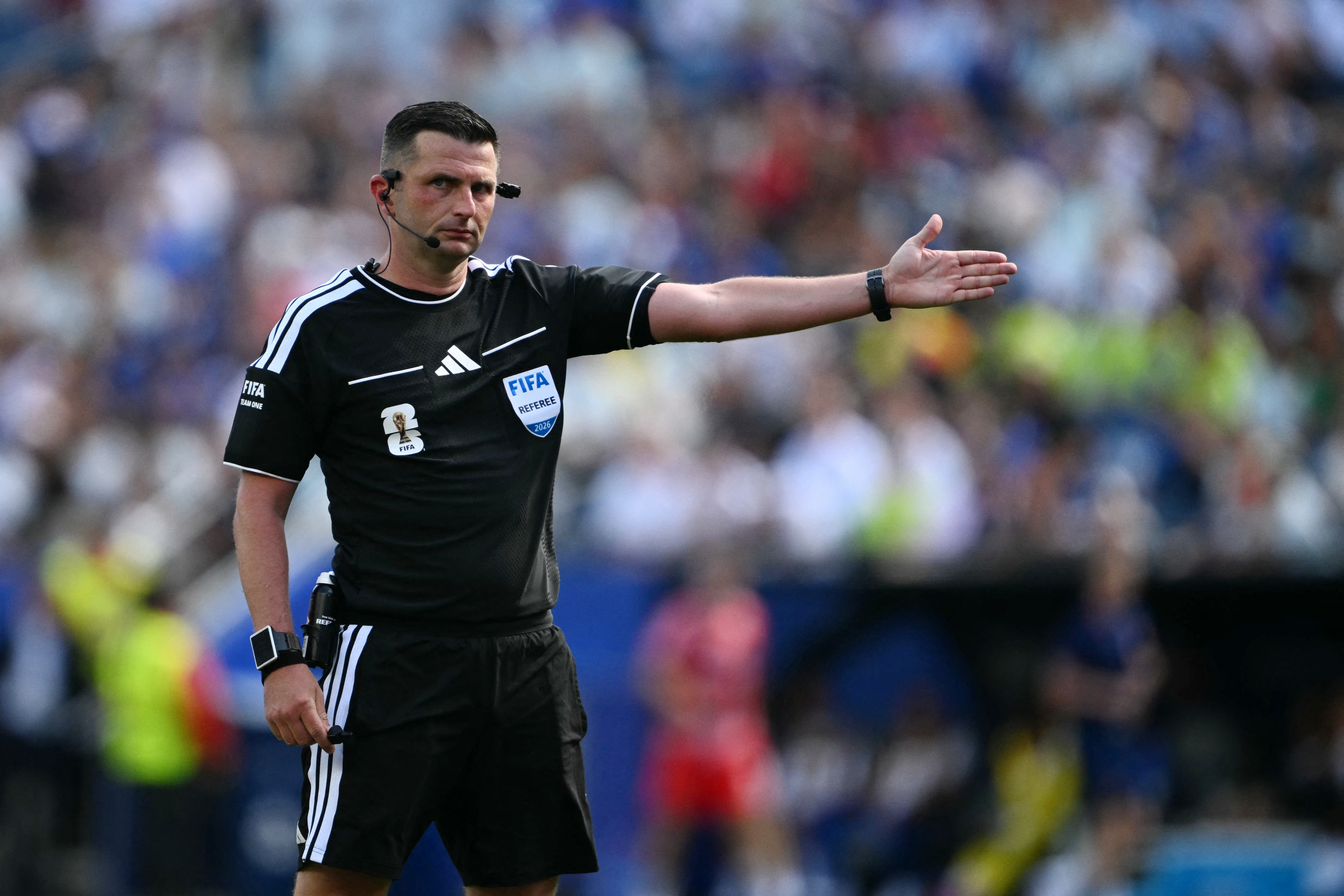 English referee Michael Oliver gestures during the 2026 World Cup Group I football match between Norway and France at the Boston Stadium in Foxborough on June 26, 2026. (Photo by MAURO PIMENTEL / AFP)