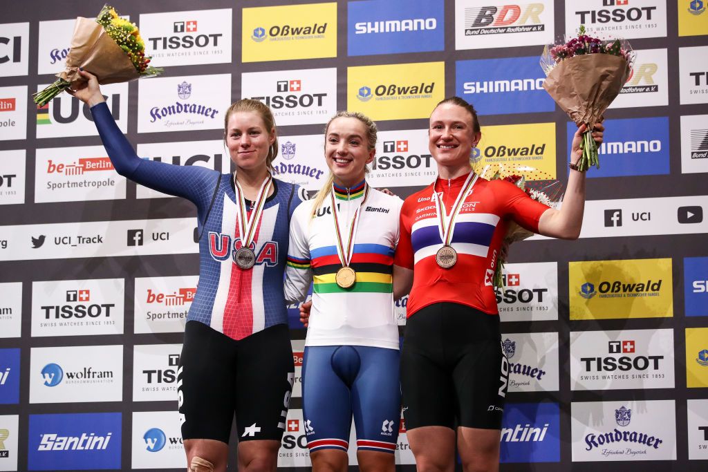 BERLIN GERMANY MARCH 01 LR Silver medalist Jennifer Valente of USA Gold medalist Elinor Barker of Great Britain and Bronze medalist Anita Yvonne Stenberg of Norway pose on the podium after the womens 25km points final during day 5 of the UCI Track Cycling World Championships Berlin at Velodrom on March 01 2020 in Berlin Germany Photo by Maja HitijGetty Images