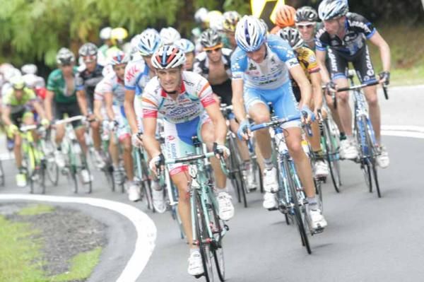 The peloton takes a curve