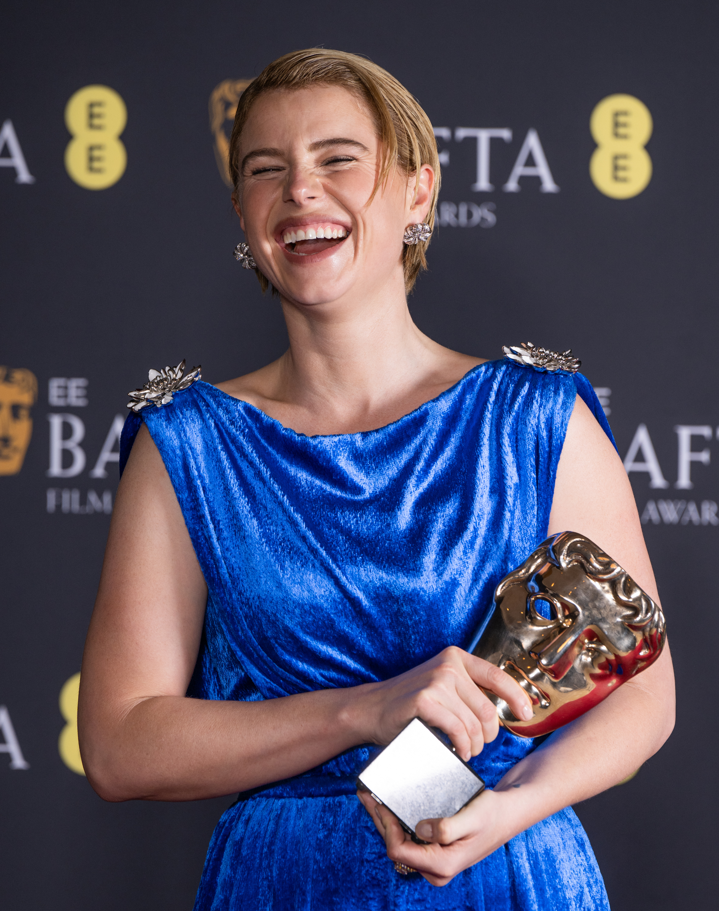 Jessie Buckley, winner of Leading Actress Award for 'Hamnet', poses in the winners room during the 2026 EE BAFTA Film Awards at The Royal Festival Hall