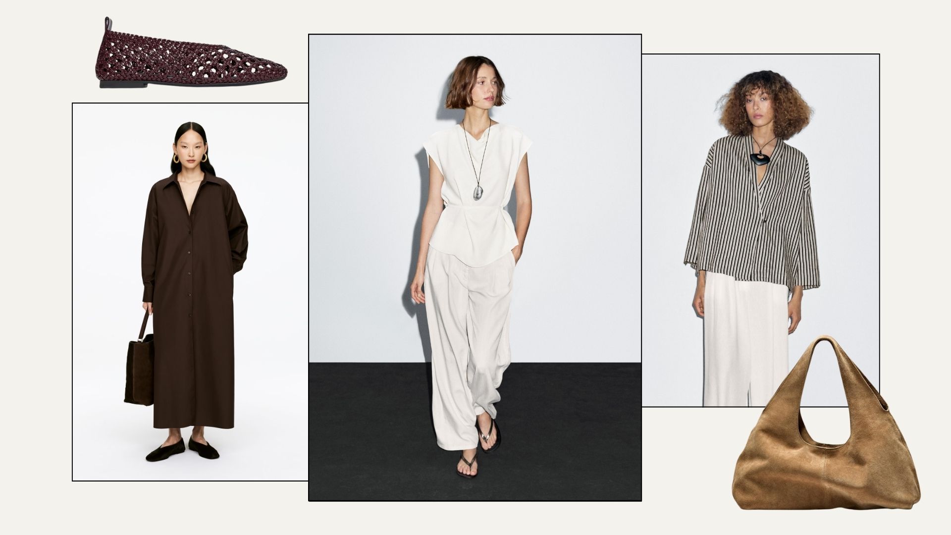 Woman wears brown shirt dress; woman wears white top and white trousers; woman wears striped shirt and white trousers