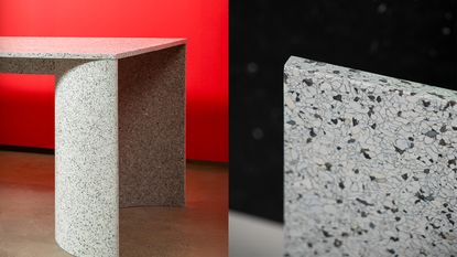 Sculptural table and close-up of plastic surface resembling terrazzo, by The Good Plastics Company
