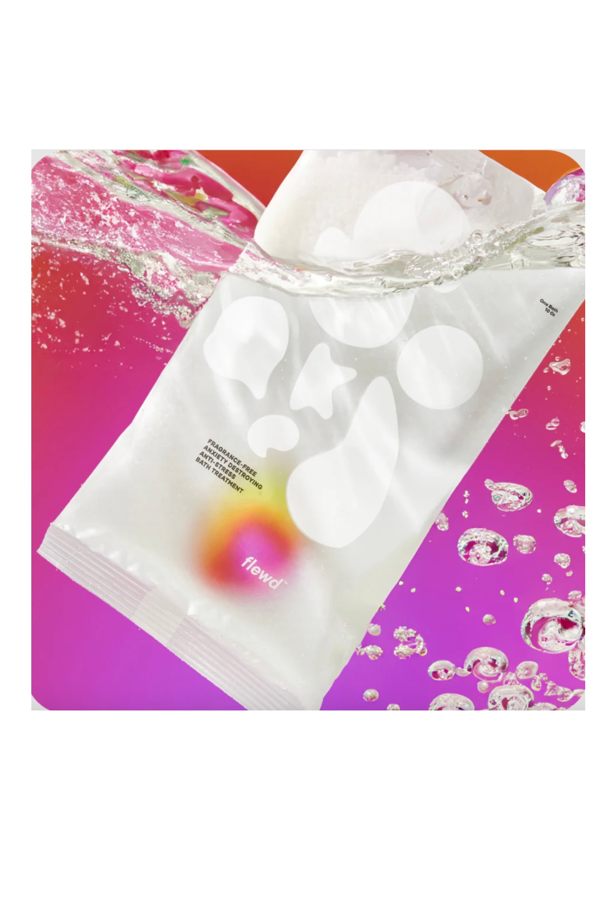a plastic container of bath salts on a pink background submerged in water