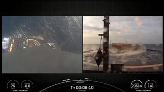 at left: the view from a rocket coming down for a landing on a ship at sea. at right: a camera on the deck of the ship shows the landing pad, with the ocean in the background