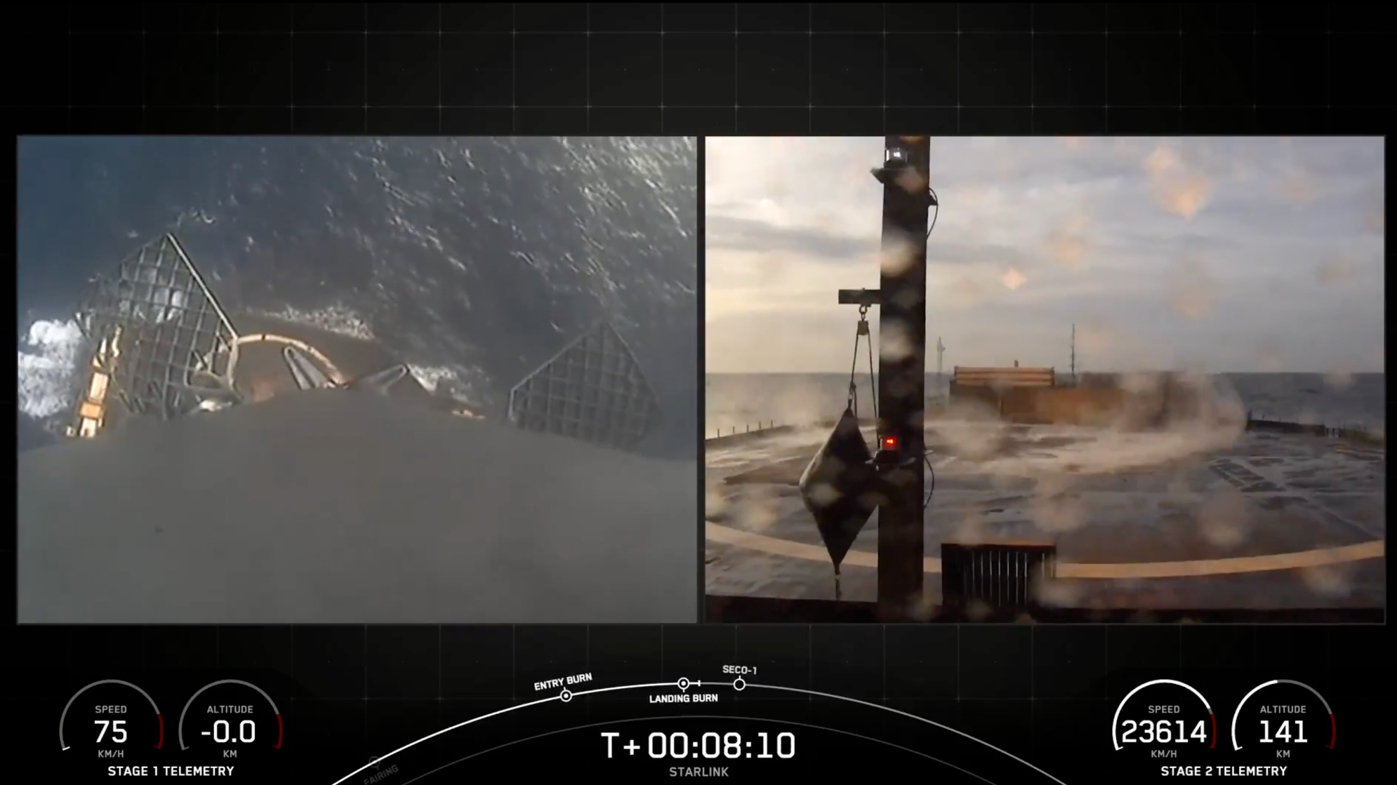 at left: the view from a rocket coming down for a landing on a ship at sea. at right: a camera on the deck of the ship shows the landing pad, with the ocean in the background