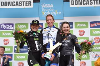 The winner's podium at the Women's Tour de Yorkshire 2016
