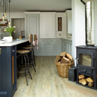 Kitchen with wooden flooring and white cabinet