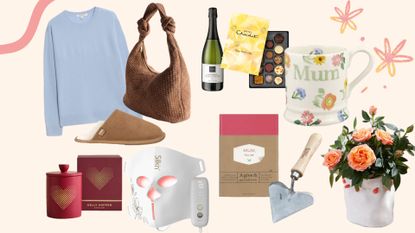 Compilation of Mother's day gifts on a light peach background