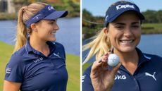 Lexi Thompson smiles and holds up her new Maxfli ball