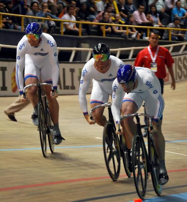 The three British team sprint riders start their final ride.