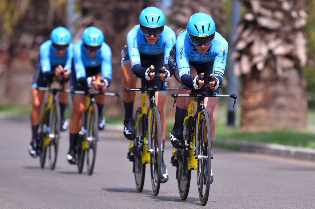 GROSSETO ITALY SEPTEMBER 11 Arlenis Sierra Canadilla of Cuba Olivija Baleisyte of Lithuania Francesca Pattaro of Italy Katia Ragusa of Italy and Olga Shekel of Ukraine and Astana Womens Team during the 31st Giro dItalia Internazionale Femminile 2020 Stage 1 a 168km Team Time Trial from Grosseto to Grosseto TTT GiroRosaIccrea GiroRosa on September 11 2020 in Grosseto Italy Photo by Luc ClaessenGetty Images