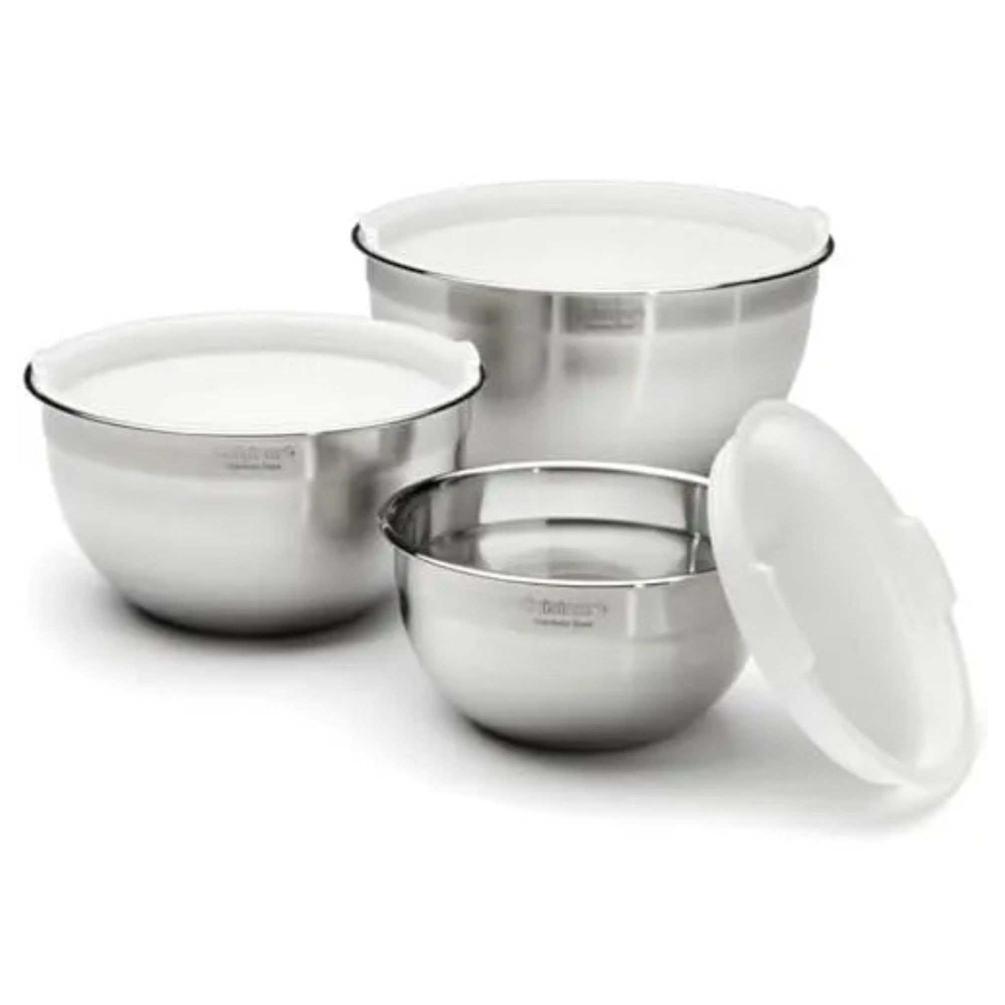 A set of three stainless steel mixing bowls