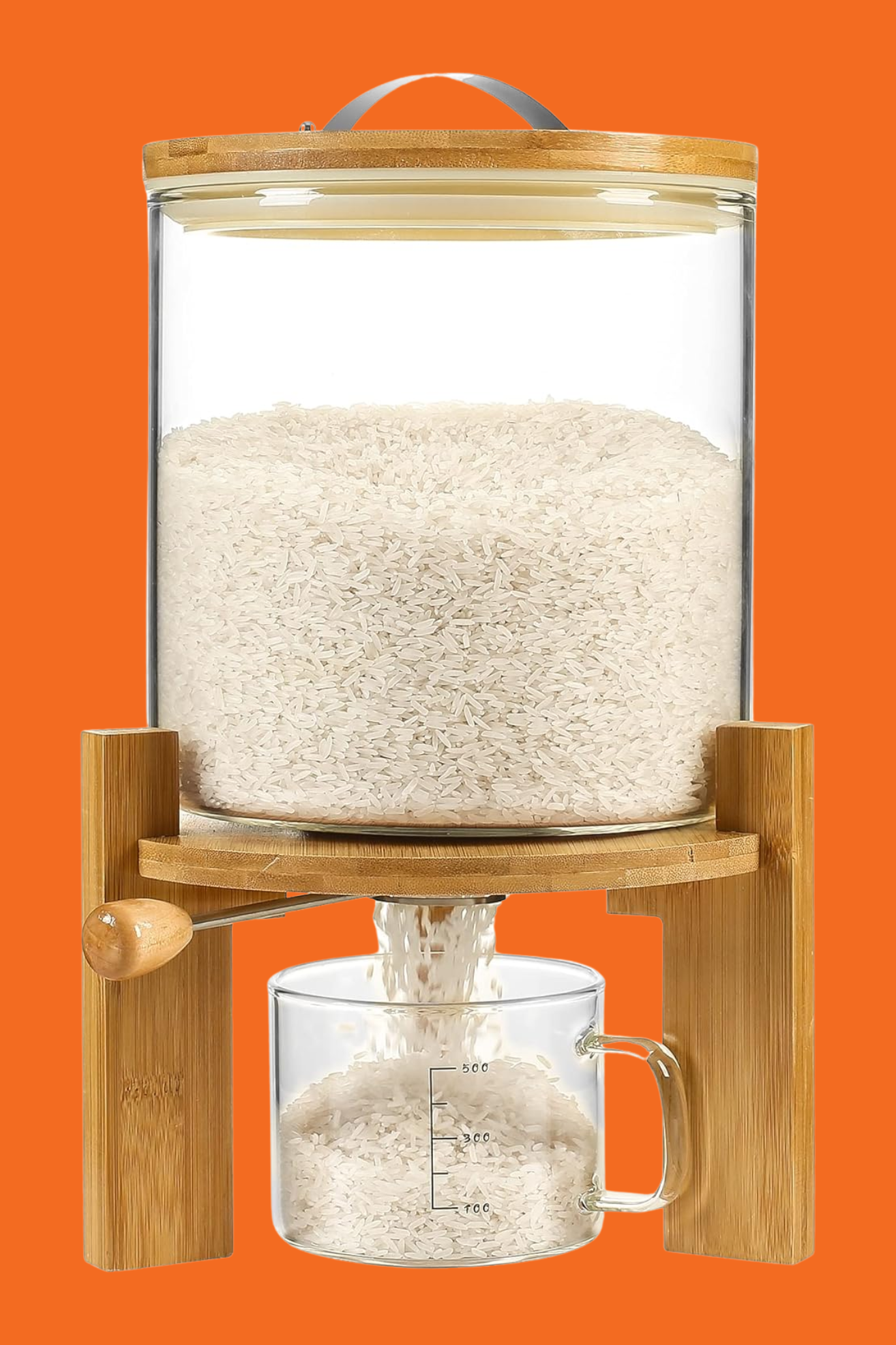 A wood rice dispenser with a glass measuring cup