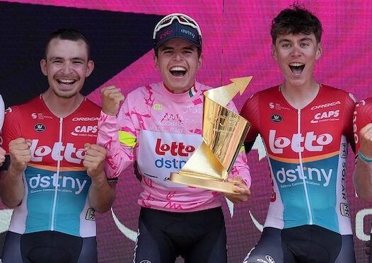 Jarno Widar celebrates winning the 2024 Giro Next Gen