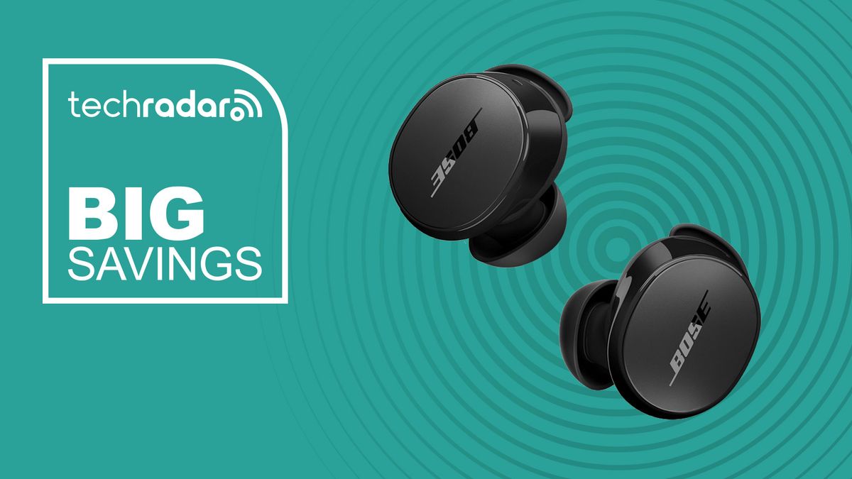 Bose QuietComfort Earbuds on a cyan background with TechRadar logo and &quot;Big Savings&quot; text in white