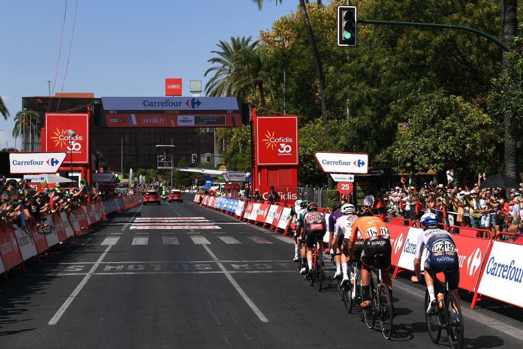 CORDOBA SPAIN AUGUST 26 Detailed view of Stan Dewulf of Belgium and AG2R Citren Team Jetse Bol of Netherlands and Team Burgos BH Julen Amezqueta Moreno of Spain and Team Caja RuralSeguros RGA Mikel Iturria Segurola of Spain and Team Euskaltel Euskadi Sebastian Berwick of Australia and Team Israel StartUp Nation Maxim Van Gils of Belgium and Team Lotto Soudal Chad Haga of United States and Team DSM and Sander Armee of Belgium and Team Qhubeka Nexthash compete in the breakaway during the 76th Tour of Spain 2021 Stage 12 a 175 km stage from Jan to Crdoba lavuelta LaVuelta21 on August 26 2021 in Cordoba Spain Photo by Tim de WaeleGetty Images