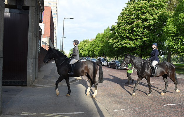 Civilians who help exercise the horses in the early hours in Hyde Park head back into the barracks