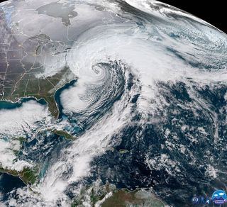 The massive size of a powerful nor'easter, called a bomb cyclone, on the U.S. East Coast is seen in this image by the GOES-East weather satellite taken on Jan. 4, 2018.