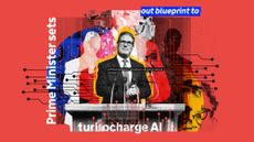 Photo composite illustration of Keir Starmer surrounded by tech imagery including circuitry and robots