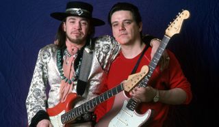 Stevie Ray (left) and Jimmie Vaughan pose backstage at the Royal Oak Music Theater in Royal Oak, Michigan on February 14, 1986