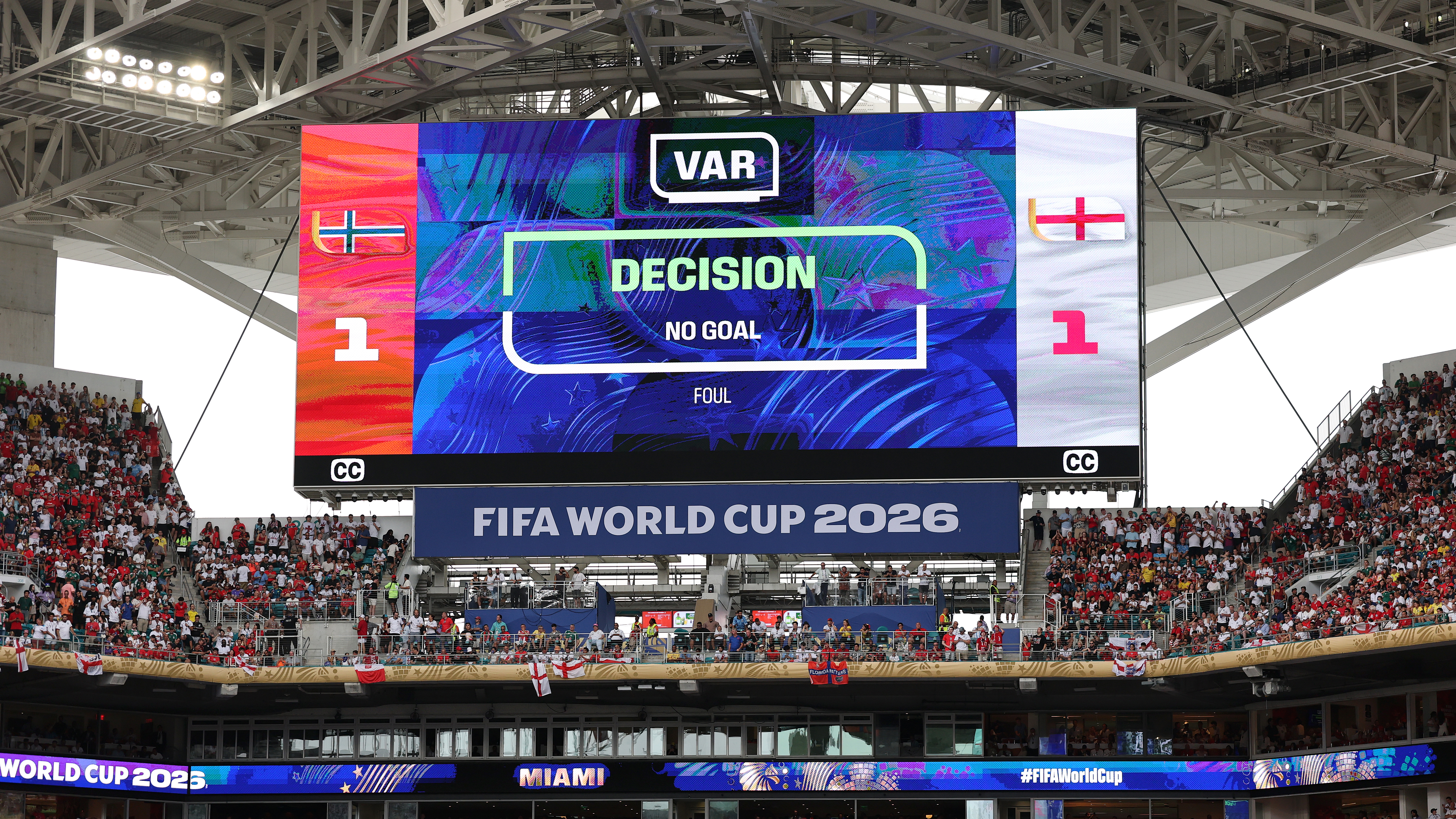 A score screen at the FIFA World Cup 2026 showing a VAR decision