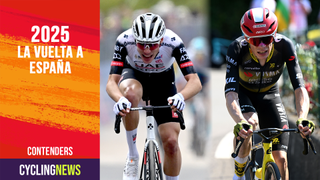 A composite image of Juan Ayuso and Jonas Vinegegaard, overlaid by a red banner for the 2025 Vuelta a España