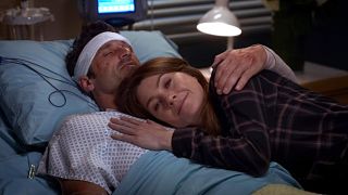 Ellen Pompeo as Meredith Grey lays on Patrick Dempsey's Derek Shepherd during a fantasy scene of Season 11's 