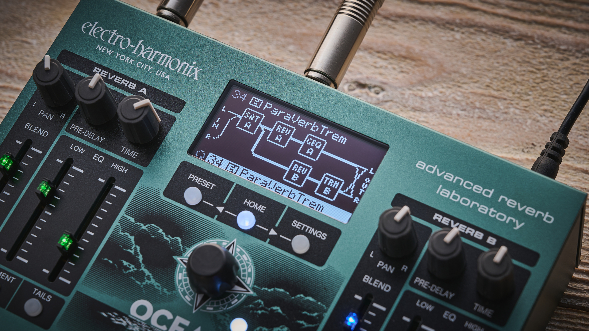 The OLED screen on an Electro-Harmonix Oceans Abyss reverb pedal