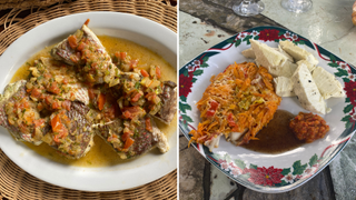 Two food dishes: one of red snapper, the other red snapper and breadfruit