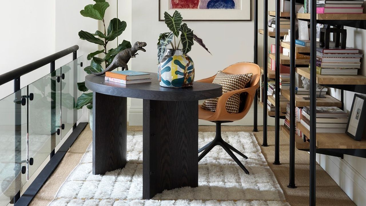 A home office with bookshelf and fluffy rug