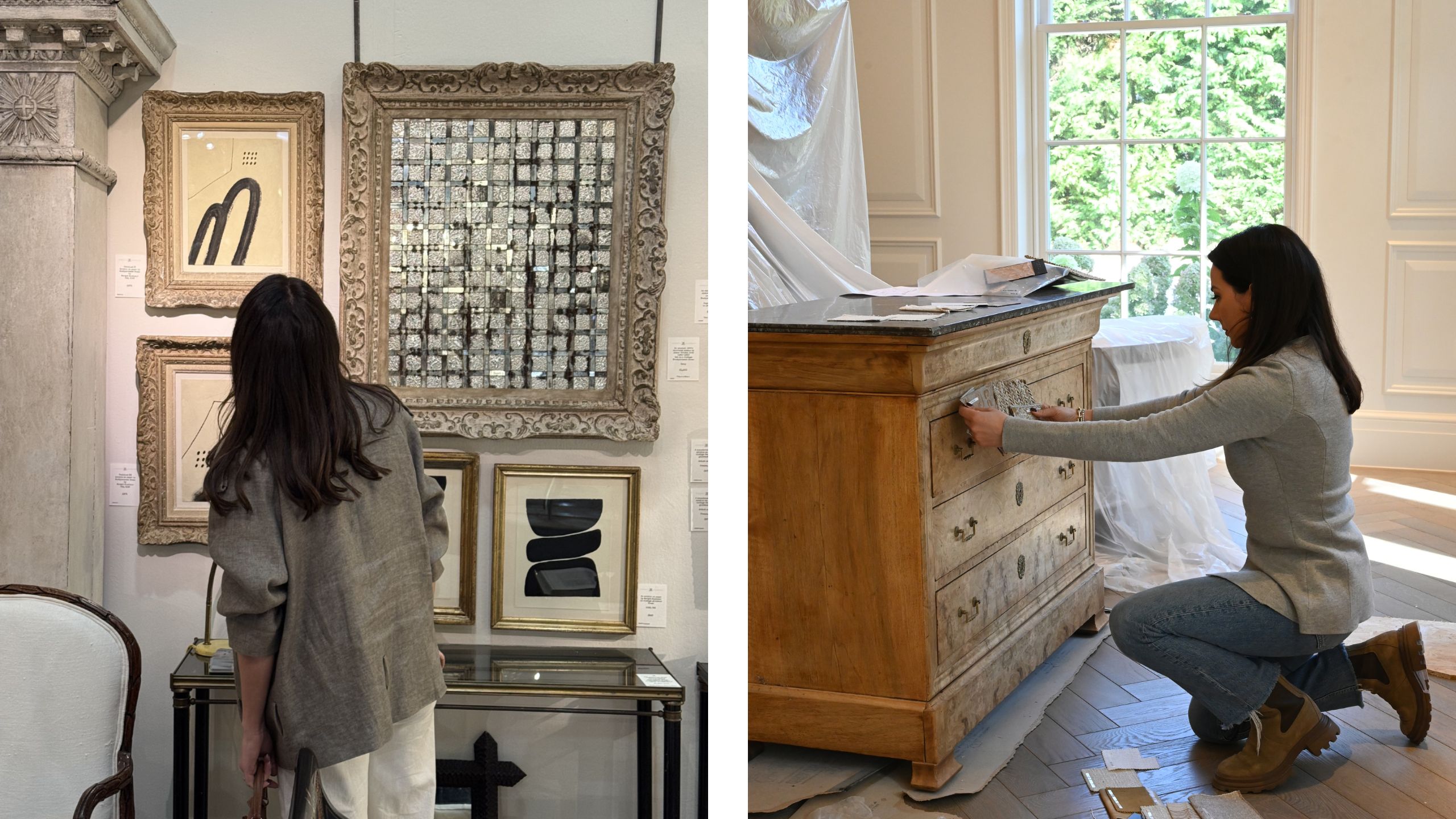Two images of Sophie Paterson antique shopping. Image one looking at artwork on wall, image to kneeling down beside and antique chest