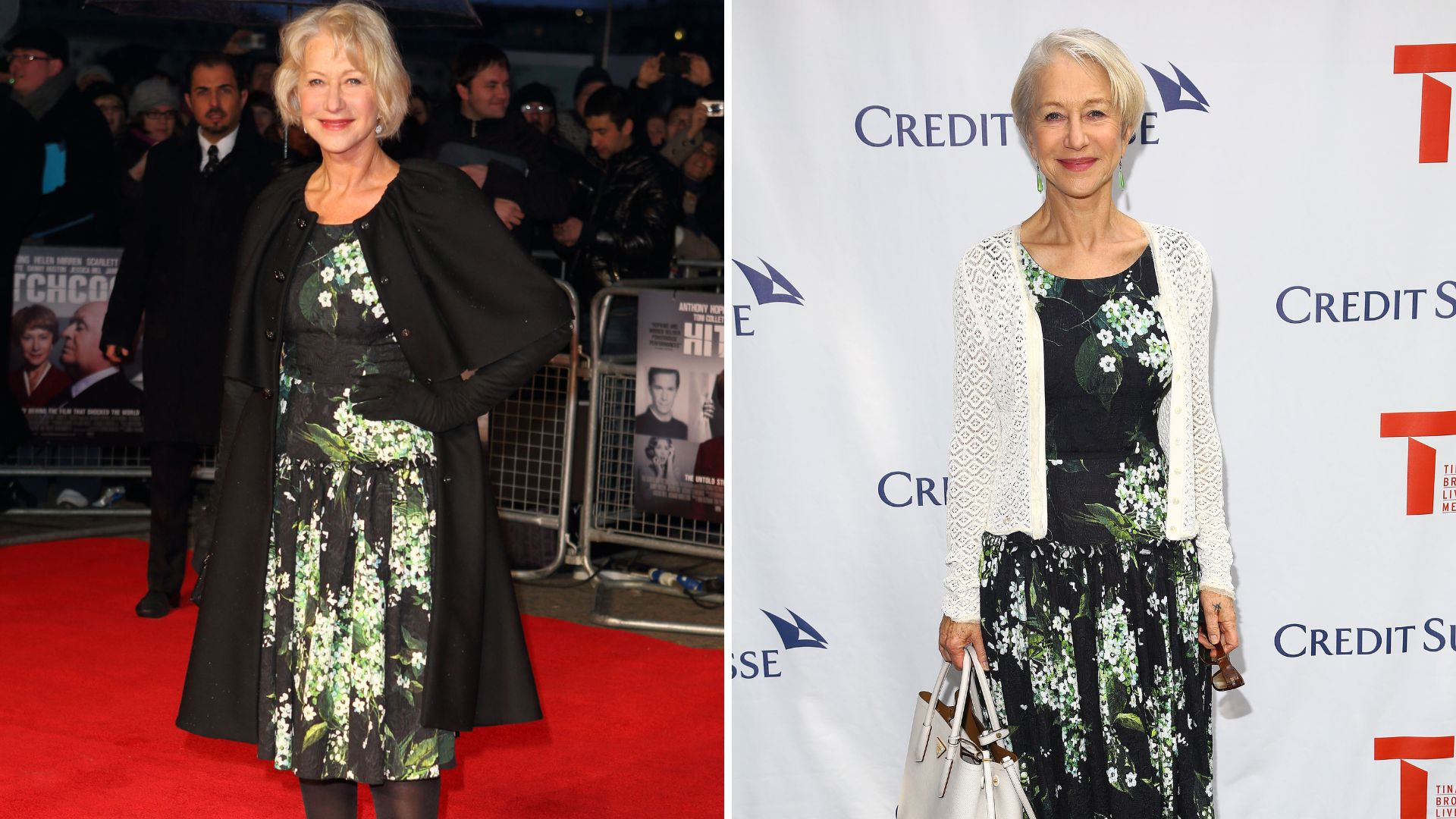 Two photos of Helen Mirren wearing the same floral dress at different events