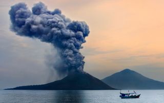 Anak Krakatau erupting with steam and ash