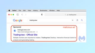 An example of a malicious ad found on Google Search