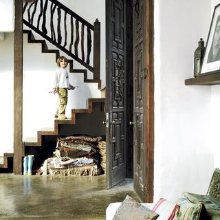 reclaimed wood staircase with kid