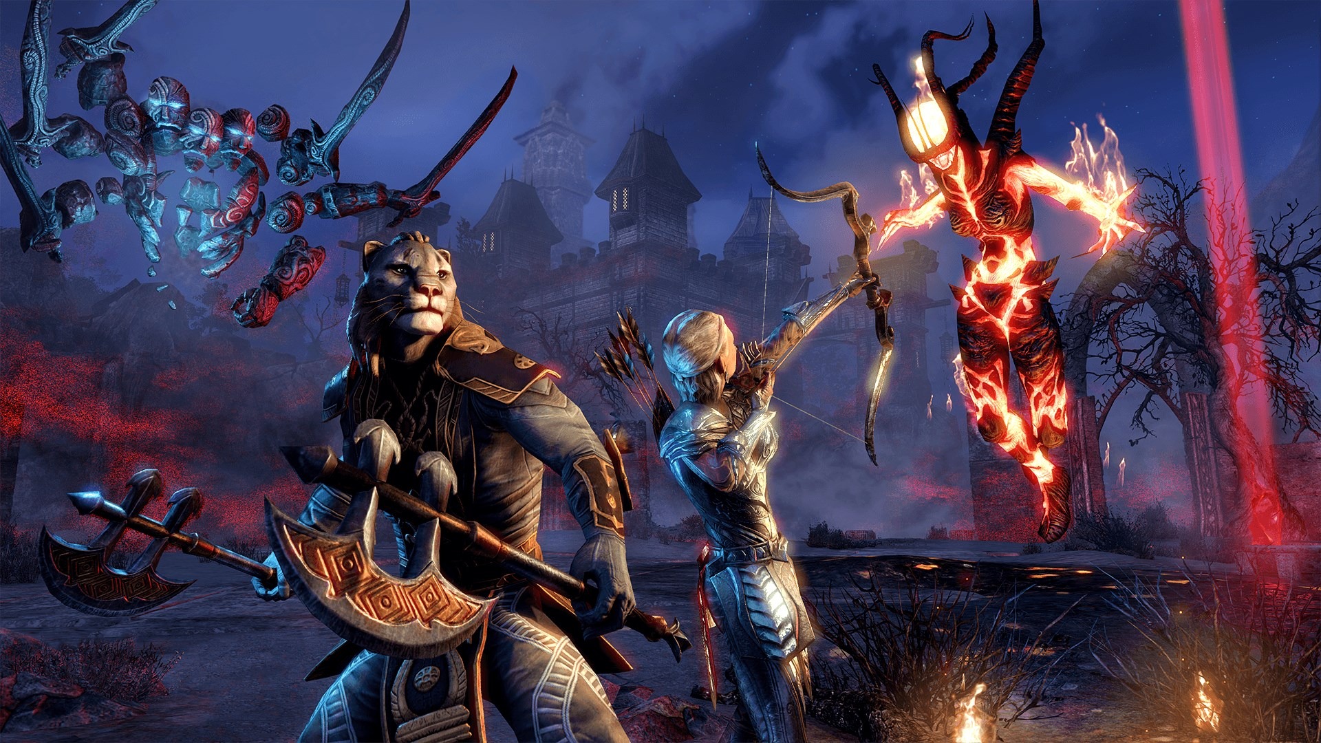 A fantasy battle scene with a feline warrior wielding an axe, a female archer with a bow, and a fiery demon. A mechanical creature hovers against a castle and ominous sky.