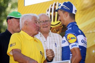 Raymond Poulidor with stage 16 winner Julian Alaphilippe at the 2018 Tour de France
