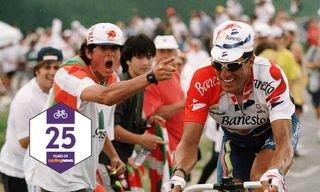 A Basque cycling fan shouts at Miguel Indurain during the 1996 Tour de France