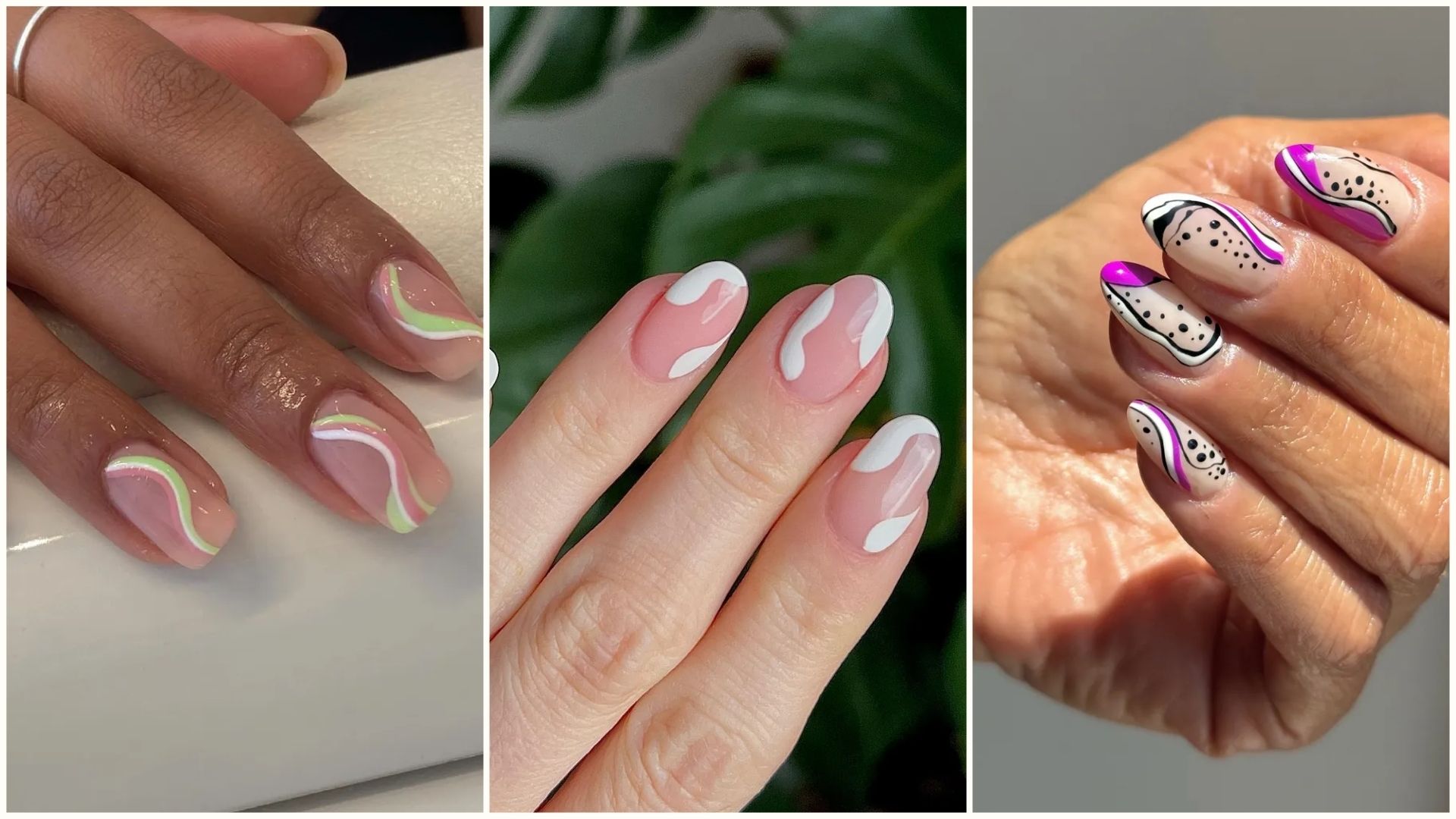 A collage of swirl nail designs