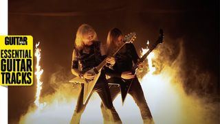 K. K. Downing (left) and A.J. Mills perform with KK's Priest in the music video for the band's song, One More Shot At Glory
