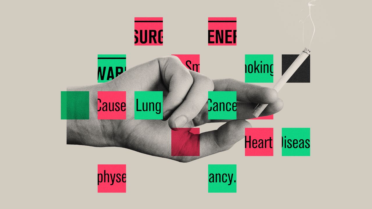 Illustration of a hand holding a cigarette, superimposed with text from the Surgeon General&#039;s warning