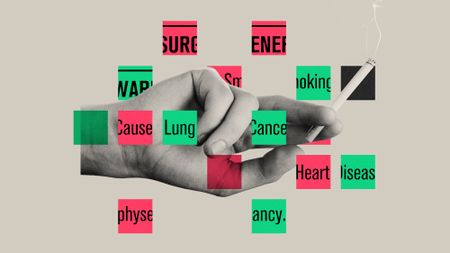 Illustration of a hand holding a cigarette, superimposed with text from the Surgeon General's warning