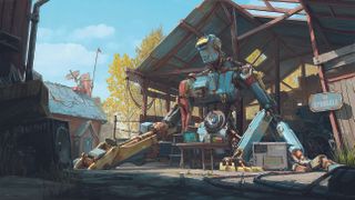 Artist insight, The Gnomon Workshop; a large robot sits in a farmyard